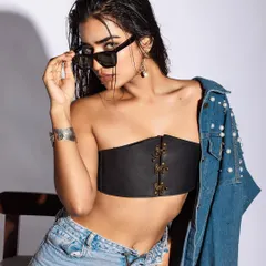 I love creating bold, modern looks. This denim series is all about attitude, pairing a statement leather corset with a pearl-embellished jacket for an edgy, high-fashion vibe that's perfect for a photoshoot or making a statement.