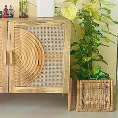 Using a woven cane basket as a planter cover is a great way to add texture and warmth to your decor. It hides the plastic nursery pot and instantly elevates the look of this large Marble Queen Pothos.