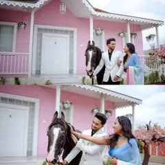A fairytale moment with a majestic horse in front of a charming pink house. This collage captures both the grand scene and the couple's sweet interaction with their four-legged co-star.