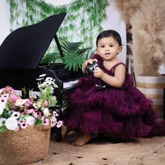 A classic first birthday portrait. This little girl in a stunning ruffled dress holds a toy next to our miniature piano, creating a sophisticated and timeless image.