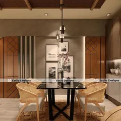 This is the dining and crockery unit area from our Prestige Jindal City project. I used warm wood tones, intricate paneling, and cane chairs to create a dining space that feels both elegant and rooted in Indian design traditions.