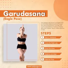 Here are the steps to practice Garudasana, or Eagle Pose. This standing balance posture is named after the mythical bird and is excellent for improving focus and strengthening the ankles and calves.