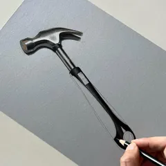 A work-in-progress drawing of a hammer. I am focusing on rendering the metallic head, using color pencils and markers to create realistic light reflections and shadows on the polished surface.