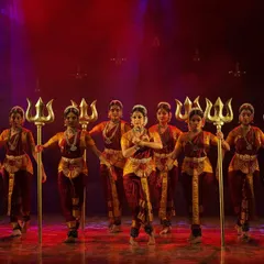 The power of Devi, embodied by our dancers holding the Trishula. This moment from our 'DURGE' production is filled with fierce energy and devotion, capturing the warrior aspect of the goddess.