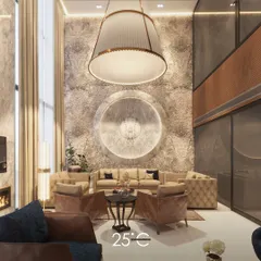 This 3D render showcases a living room concept with a textured stone accent wall and a dramatic oversized pendant light. The design explores a neutral color palette with leather and fabric upholstery to create a warm, inviting, and luxurious atmosphere.