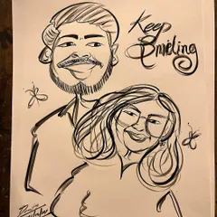 A lovely couple portrait with the message "Keep Smiling." I can add custom text to make your caricature even more special.