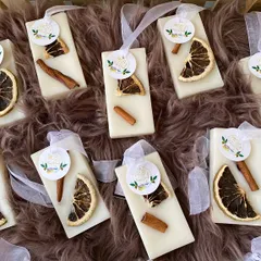 My rectangular aroma tablets are infused with a warm, energizing fragrance and decorated with dried orange slices and cinnamon sticks. They make wonderful wedding favors or additions to a Diwali gift hamper.