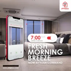 A fresh morning breeze is now at your command. This graphic illustrates how you can use the app to schedule your curtains to open at a specific time, like 7:00 AM, to start your day.