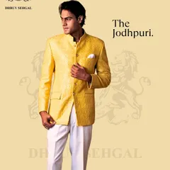 The Jodhpuri jacket, a timeless symbol of royal grandeur. This piece, in a vibrant yellow brocade, is tailored for a sharp, structured fit that is both classic and celebratory.