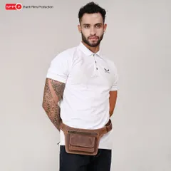 A front-on shot of a model wearing a leather waist bag. This image clearly shows the product's placement and scale against the body, perfect for product detail pages.