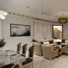 An expansive view of a luxurious open-plan living and dining area, showcasing a harmonious blend of classic and contemporary styles. Notice the detailed ceiling work with gold accents, plush furnishings, and marble flooring that create an atmosphere of sophisticated comfort.