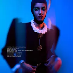 A 'Neo-Baroque Noir' editorial published in MOB Journal. This image plays with colored gels and a slow shutter drag to create a modern, edgy portrait with a classic feel.