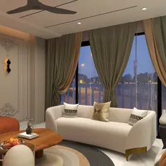 A different angle of the Hemkunt drawing room, highlighting the balance between the bold orange sofa and the elegant cream-colored couch, framed by floor-to-ceiling curtains.