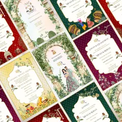 A flat lay showcasing the full printed invitation suite for Nirali and Rohan. Each card is designed with a unique illustration to represent the different ceremonies, from the Sangeet to the Wedding, creating a beautiful and cohesive set.