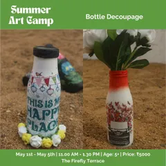Bottle decoupage is a fantastic upcycling project we teach in our camps. Kids learn to transform simple glass bottles into beautiful vases using paper cutouts and glue.