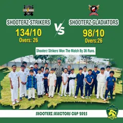 The Shooterz Strikers team celebrates their 36-run victory over the Gladiators in the Shooterz Selectors Cup 2025. A great team performance.