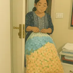 This artwork shows a member of my team with a bag full of flowers, ready to be turned into a beautiful arrangement. It's a whimsical look at the fresh ingredients I use.