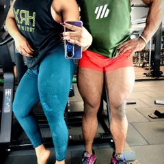 A side-by-side comparison showing dedicated quad development. My training partner and I focus on building powerful lower bodies, which is crucial for overall strength and athletic performance.