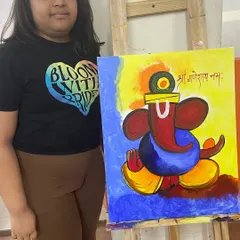 We explore different art styles, even for festive themes. This student created a beautiful, modern abstract Ganesha painting on canvas.