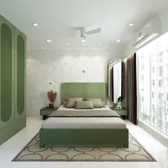 I designed this master bedroom as a tranquil retreat, using a soothing sage green for the custom bed and wardrobes. The full-length, rounded-panel closets provide ample storage while adding a soft, contemporary feel, and the large window allows natural light to fill the room, creating a bright and airy atmosphere.