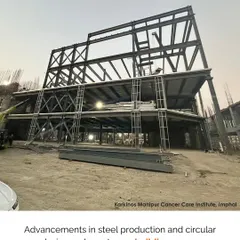 Advancements in steel production and circular design make net-zero buildings more achievable. The steel superstructure at the Karkinos Institute in Imphal demonstrates a move toward lighter, more sustainable construction.