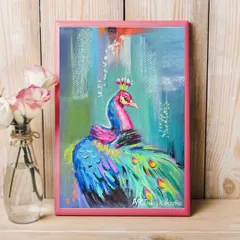 A finished peacock portrait created with soft pastels on a vibrant background. The frame complements the bold colors of the bird, making it a stunning piece of wall art.