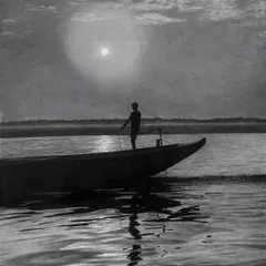 This artwork depicts a solitary figure on a boat, set against a softly glowing sun. I used charcoal on linen to create a serene and contemplative mood, with the water's reflection adding a sense of calm and depth.