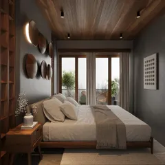 This bedroom design uses a palette of dark, earthy tones to create a cozy and intimate retreat. A wood-planked ceiling and custom wooden wall art add warmth and texture, while the large glass doors open to a private balcony, blending the indoor and outdoor environments.