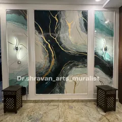 For this villa's living room, I created a custom granite texture mural that mimics the look of natural, high-end stone. By blending shades of blue, black, and white and adding veins of gold, I achieved a sophisticated and modern look that feels both organic and luxurious.