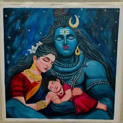 This large acrylic painting of Shiv Parivar captures a moment of divine peace. It's a 24x24 inch canvas, perfect for creating a serene and spiritual corner in your home. The deep blues and starry background make it truly special.