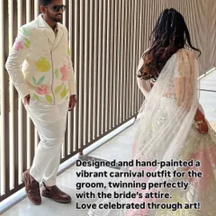 Art is a beautiful way to celebrate love. I designed and hand-painted this vibrant carnival outfit for the groom, creating a design that perfectly twinned with the bride’s attire for their special day.