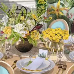 A look into our design process. These concept sketches show how we envision transforming a conventional ballroom into a charming space with an al fresco feel, complete with color options and detailed layouts.