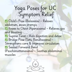 A list of gentle yoga poses for UC symptom relief, such as Child's Pose to relax the abdomen and Supine Twist to aid digestion.