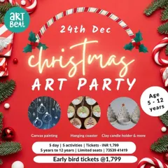 Our promotional poster for the kids' Christmas Art Party, detailing all the fun activities like canvas painting, coaster making, and clay candle holders.