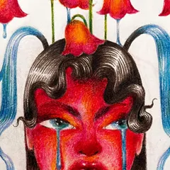 A close-up on the face from the 'fountain' drawing, showing the texture and layering of the colored pencils.