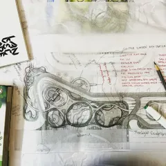 Further refinement of the landscape plan, with annotations detailing specific features like a 'glitter garden', 'yoga and meditation deck', and 'tree light sculptures'. Every element is intentional.