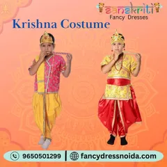 Two variations of our Krishna costume for young boys. Both feature the iconic yellow dhoti with different top designs in pink and red, complete with a crown, showcasing the options available.