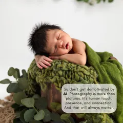 A beautiful newborn photo with text encouraging photographers not to be demotivated by AI, because human touch and connection will always matter.