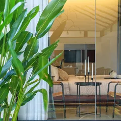 A view from the veranda into a guest room at The Leaf, where floor-to-ceiling glass blurs the line between the cozy interior and the lush tropical plants outside.