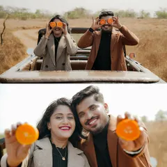 It's not just about serious poses. I love capturing the fun, quirky moments, like the couple playfully using oranges as binoculars. This shows your personality and the joy you share.