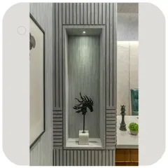 A custom niche built into the grooved wall, creating a perfect spot to display art and artifacts within the office.