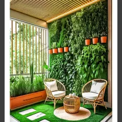 A floor-to-ceiling vertical garden transforms this balcony into a lush, private oasis. We created a dense wall of assorted artificial plants to provide a stunning green backdrop that requires no watering. The space is furnished with natural cane chairs and a matching table, set on artificial turf with stone-look pavers for a complete garden feel.