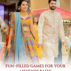 The happy couple at their Mehendi, ready for a day of fun and games. We ensure our events are packed with engaging activities for everyone.