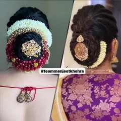 On the left is a South Indian style low bun I recreated for a bride, based on the reference picture she showed me on the right. I love collaborating with clients to bring their vision to life with flowers and traditional hair accessories.
