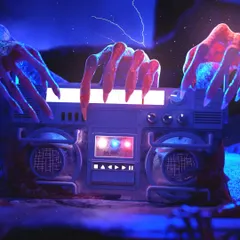 Titled "StereoVoid", this piece combines monstrous, organic forms with a retro boombox. It's a concept for a static stage visual or promotional art that immediately connects horror themes with music.
