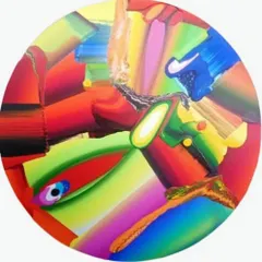 This vibrant, circular canvas is from the "Stretched Bodies" series by Bose Krishnamachari, founder of the Kochi Muziris Biennale. His work is a bold exploration of color and form, designed to make any space come alive. We believe art like this can stretch your boundaries and fill your life with energy.