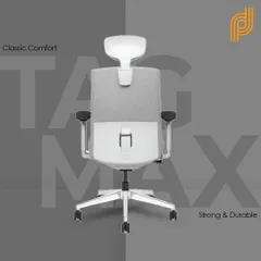 The back view of the 'Tag Max' chair, this time in a modern white and grey finish, showing its robust lumbar support structure.