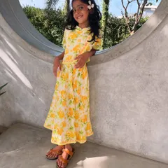 Basking in sunshine and blooms. This yellow floral chaniya choli set is made from breathable cotton, making it as comfortable as it is cute for all-day adventures.