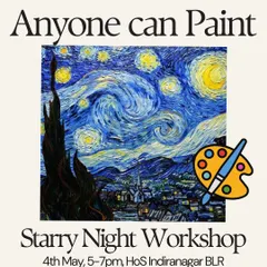 An event poster for one of my most popular workshops: "Anyone can Paint: Starry Night". These sessions are super beginner friendly, with step by step guidance to help you create your own iconic artwork.