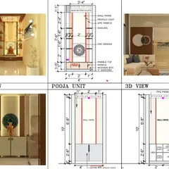 This sheet presents the complete design for a puja unit, from the 3D view to the detailed 2D technical drawings. It specifies dimensions, materials like CNC-cut panels, and lighting placement, ensuring precise execution.